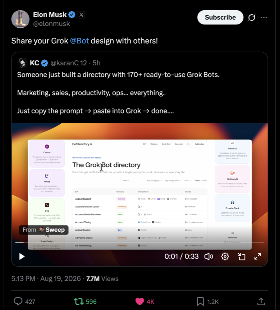 Elon Musk sharing the Grok Bot directory on X